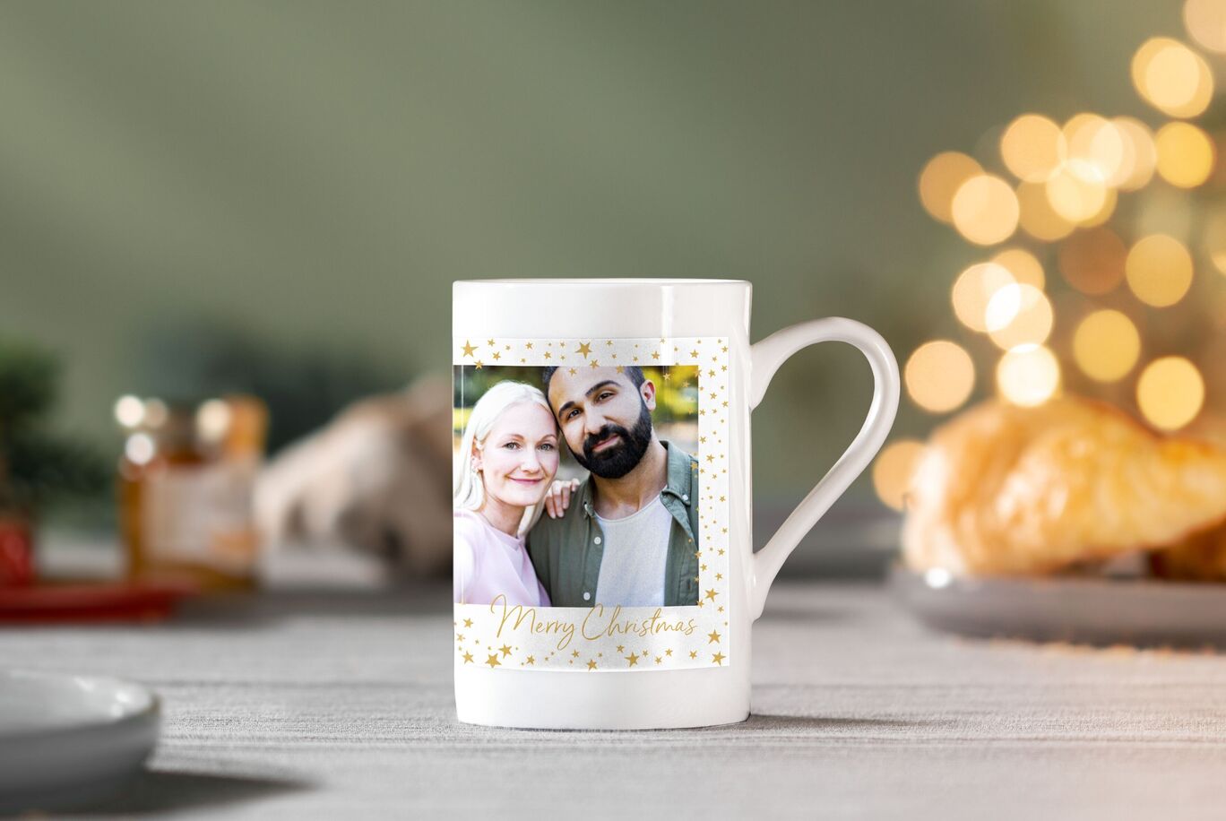 Christmas mug with a loving photo and golden stars